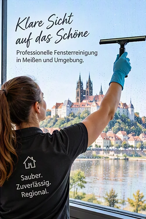 Eine Reinigungskraft zieht ein Fenster mit dem Abzieher ab, dahinter die Albrechtsburg. Schriftzug: Klare Sicht auf das Schöne