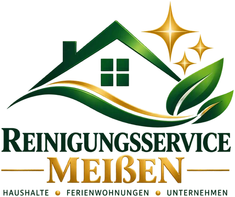 Logo Reinigungsservice Meißen: Haus mit Blättern und Sternen, darunter Haushalte, Ferienwohnungen, Unternehmen