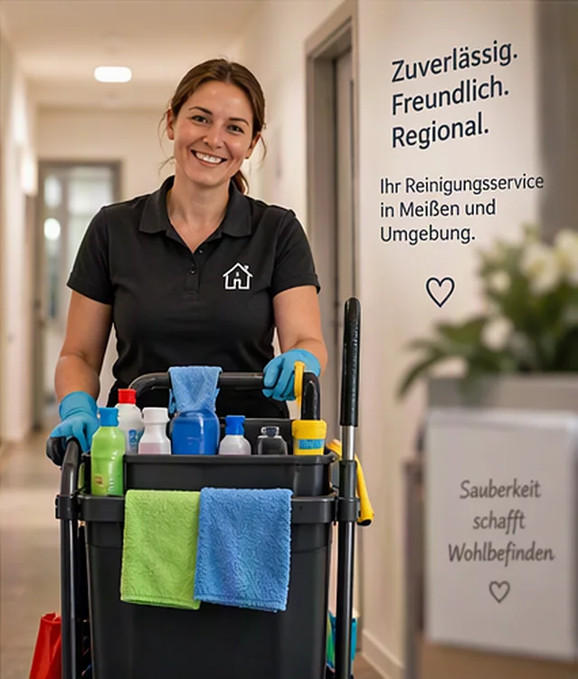 Eine Reinigungskraft lächelt, vor ihr ein Wagen mit Reinigungsmitteln und Tüchern. Schriftzug: Zuverlässig. Freundlich. Regional.