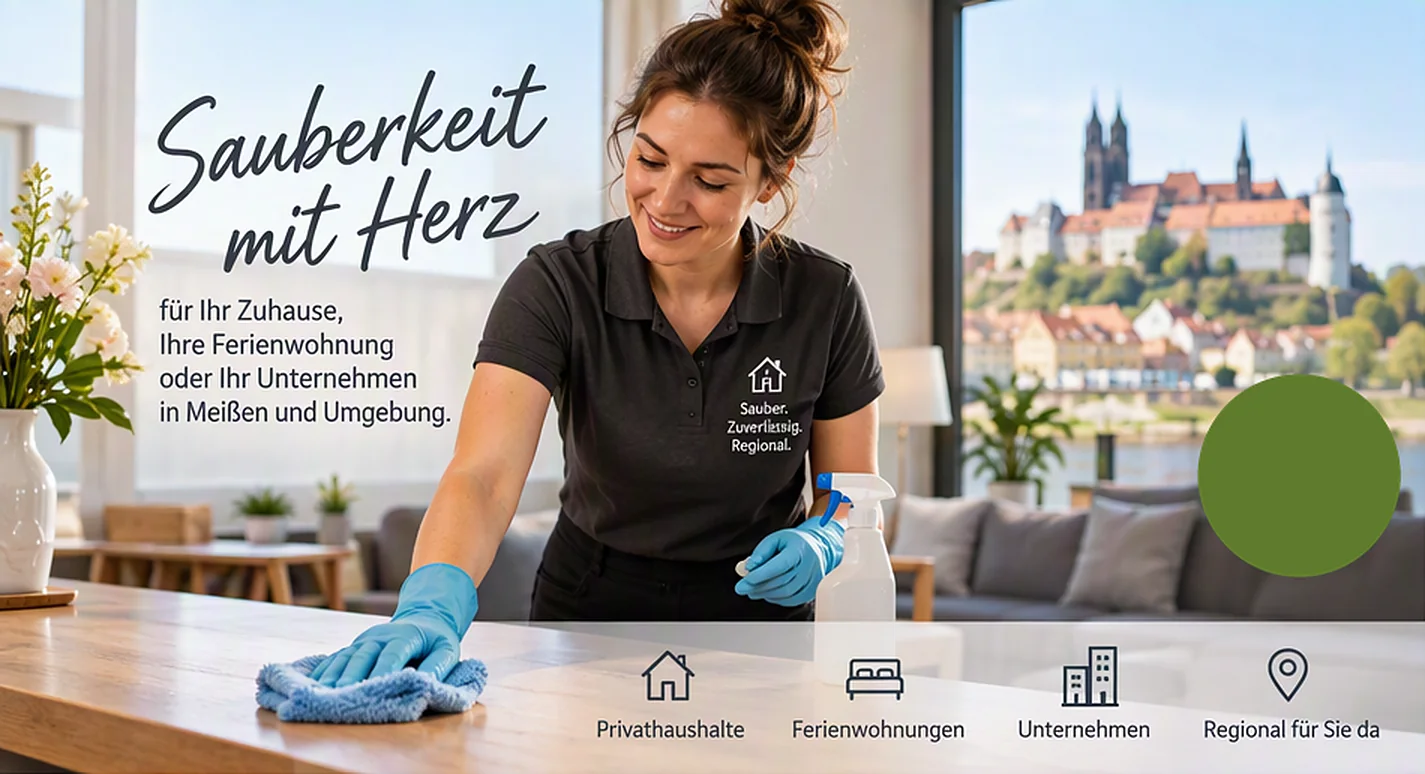 Eine Reinigungskraft mit blauen Handschuhen wischt einen Holztisch, im Fenster die Albrechtsburg in Meißen