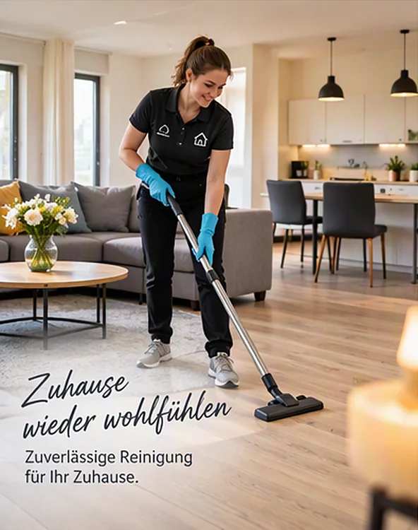 Eine Reinigungskraft saugt den Holzboden eines Wohnzimmers. Schriftzug: Zuhause wieder wohlfühlen